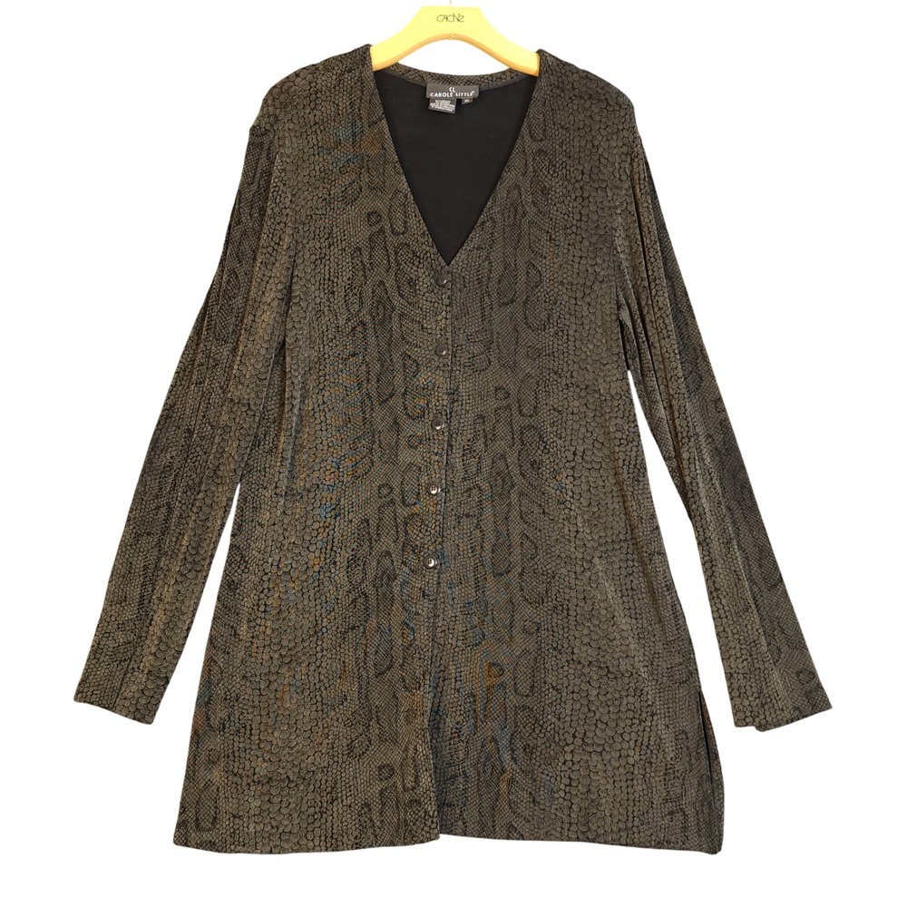 CAROLE LITTLE Womens Snake Print V Neck Button Front Long Sleeve Tunic Top XL